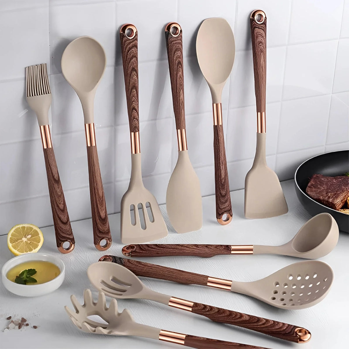 Utensil Set 10-Piece Silicone Heads & Wooden Handles
