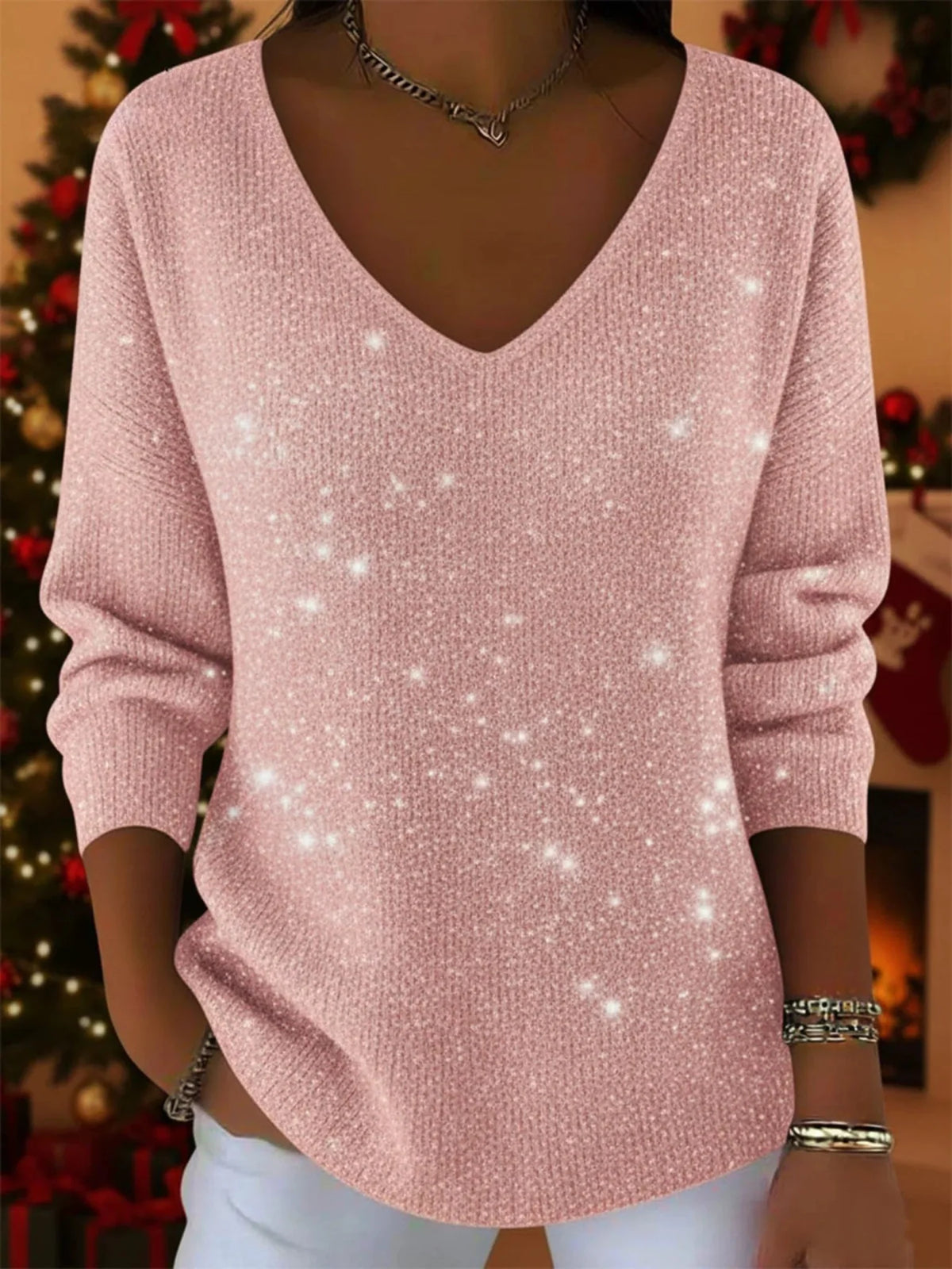 V-Neck Sweater Soft Knit Relaxed Fit Long Sleeves