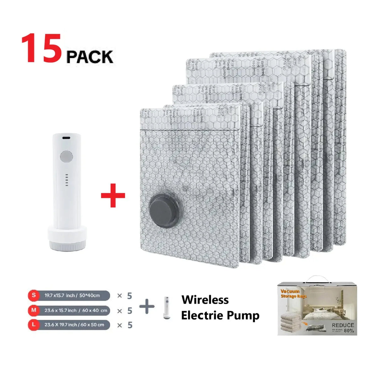 Vacuum Storage Bags Reusable With Cordless Pump Space-Saving Set of 15
