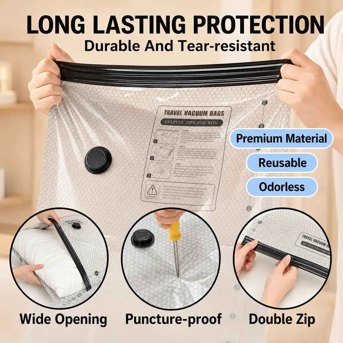 Vacuum Storage Bags Reusable With Cordless Pump Space-Saving Set of 15