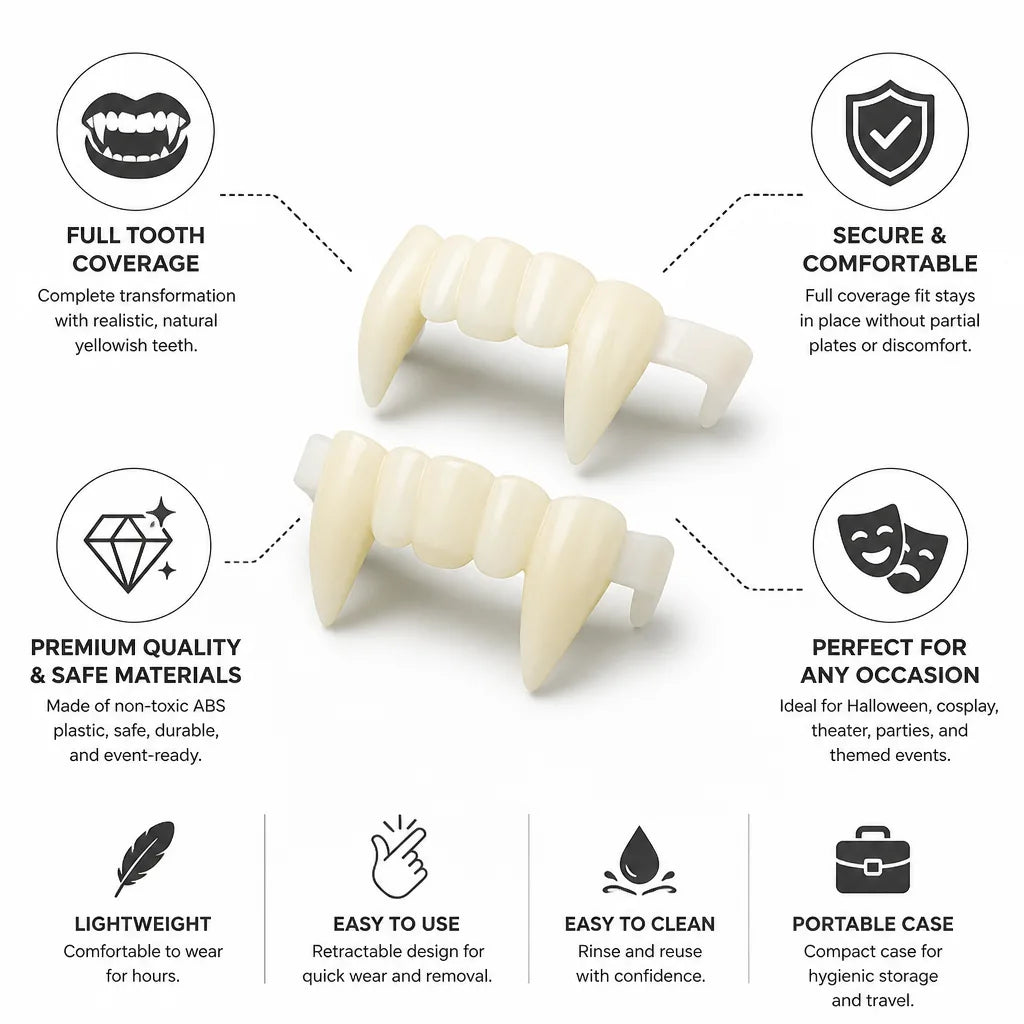 Vampire Fangs Retractable Realistic Full Tooth Coverage