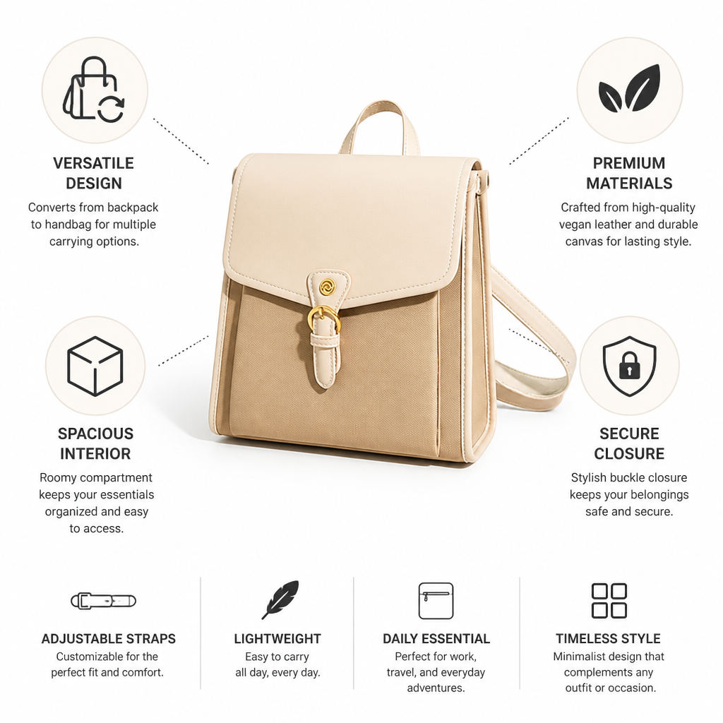 Vegan Leather & Canvas Convertible Backpack