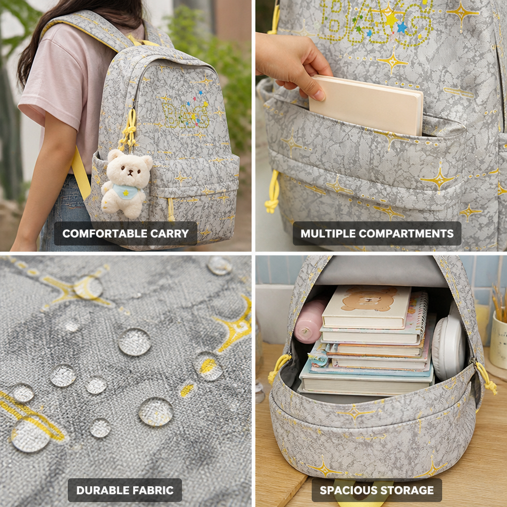 Vibrant Pattern Durable Fabric & Padded Straps Kids Backpack (With Plush Keychain)