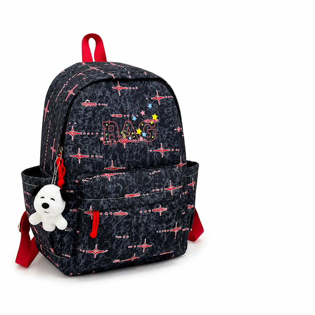 Vibrant Pattern Durable Fabric & Padded Straps Kids Backpack (With Plush Keychain)