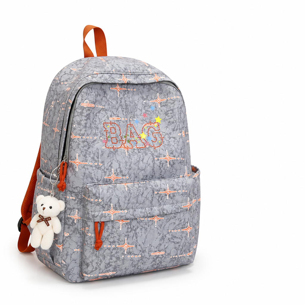 Vibrant Pattern Durable Fabric & Padded Straps Kids Backpack (With Plush Keychain)