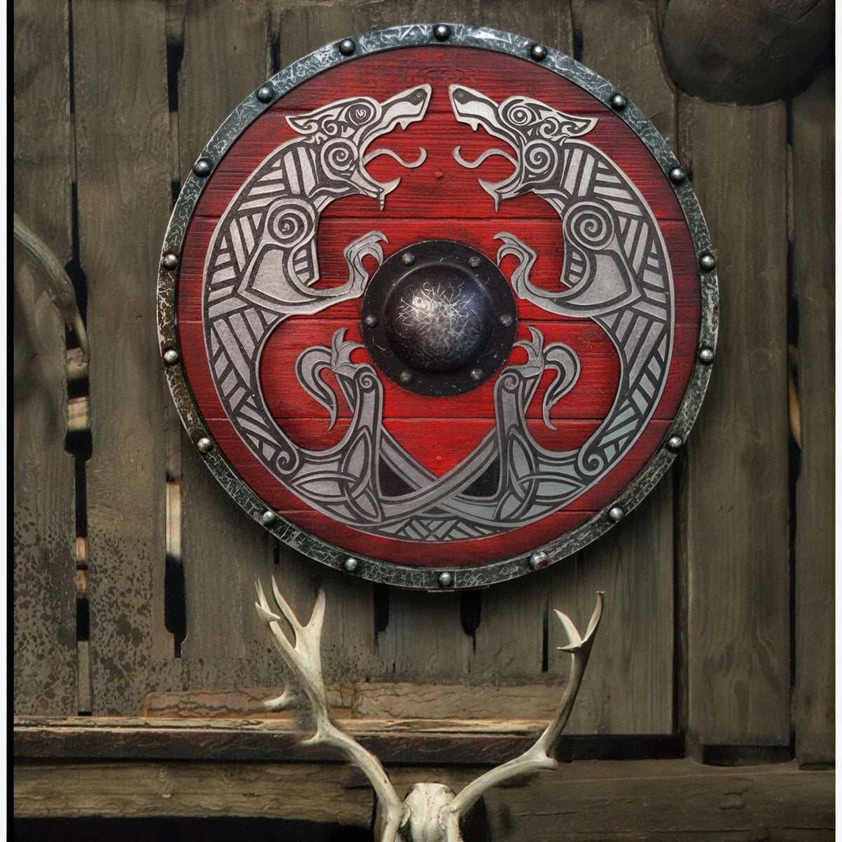 Viking Shield Solid Wood Double Raven Battleworn 12 Inch