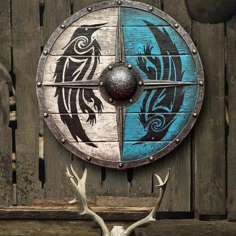 Viking Shield Solid Wood Double Raven Battleworn 12 Inch