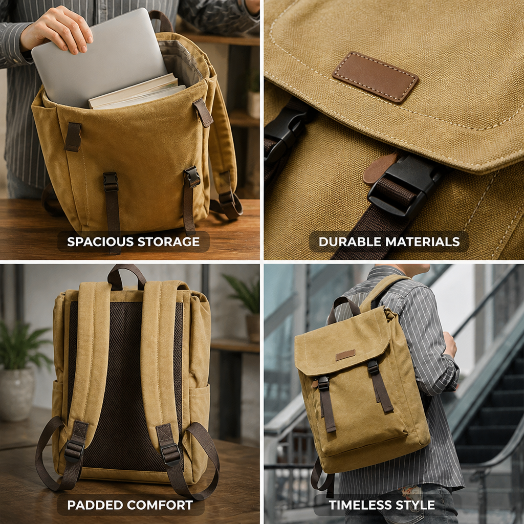 Vintage Canvas Leather-Accent Padded Laptop Backpack
