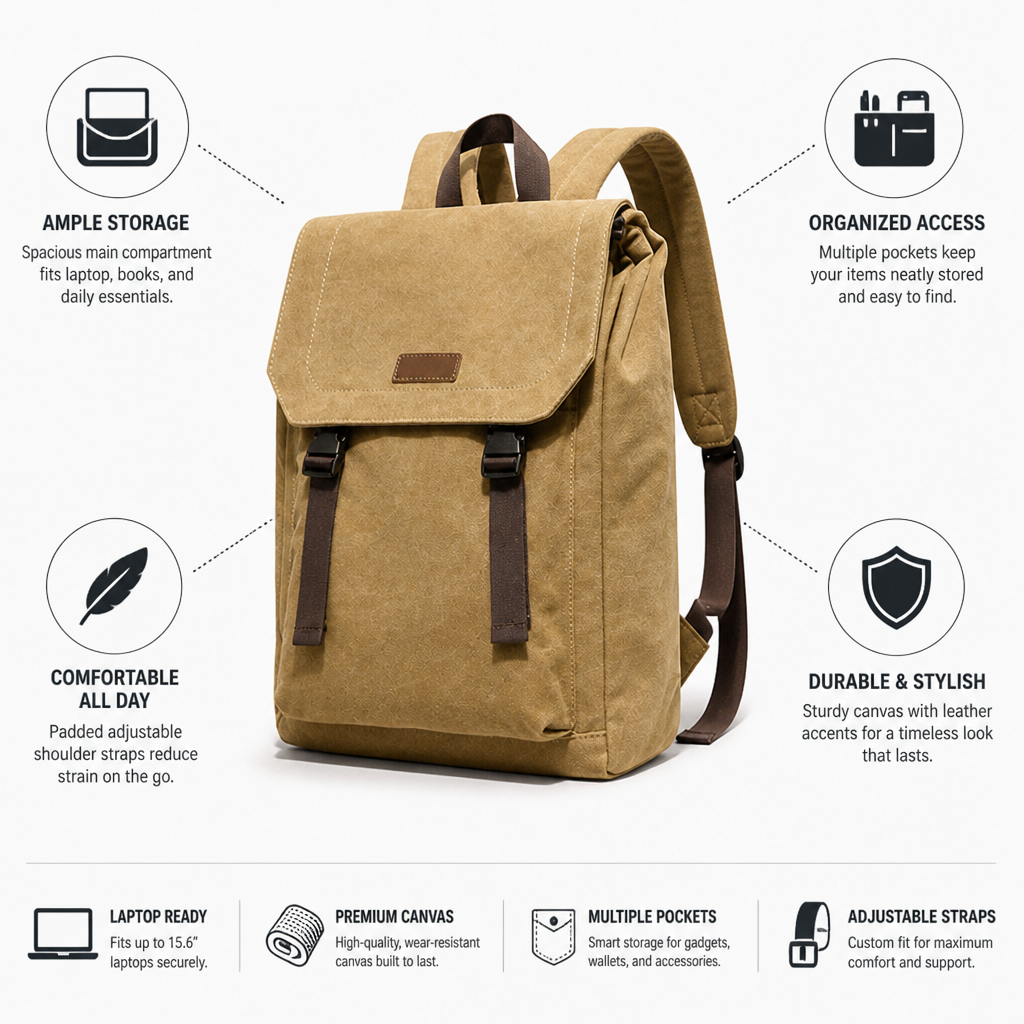 Vintage Canvas Leather-Accent Padded Laptop Backpack