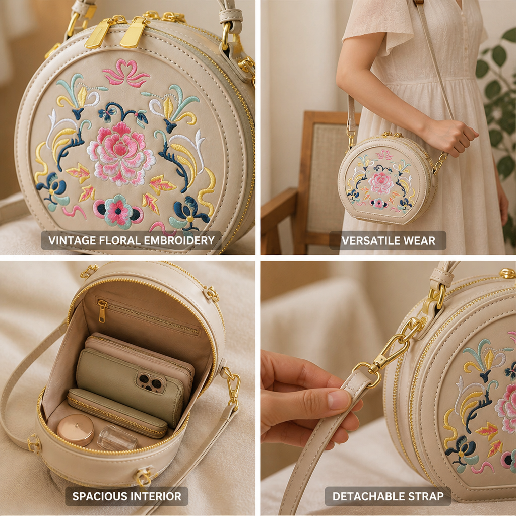 Vintage Floral Embroidered Handbag (Detachable Strap)