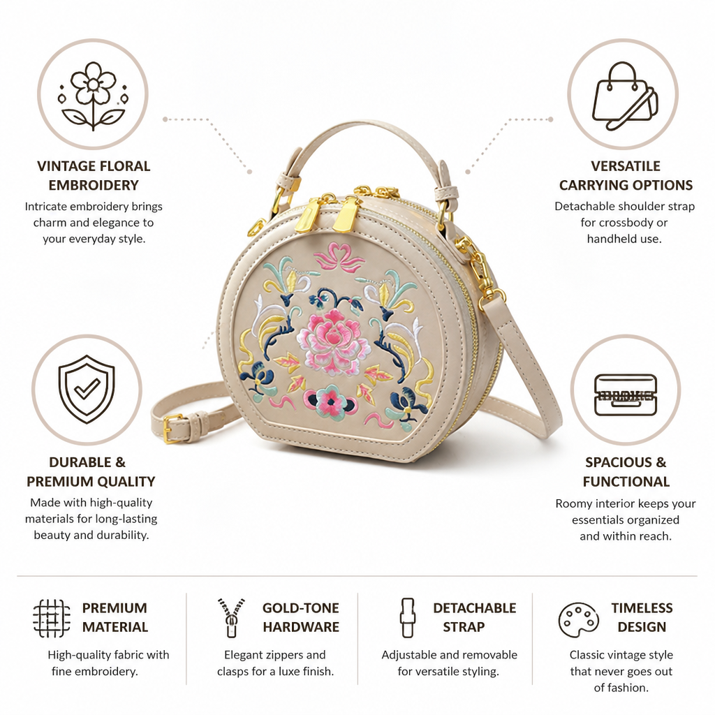 Vintage Floral Embroidered Handbag (Detachable Strap)