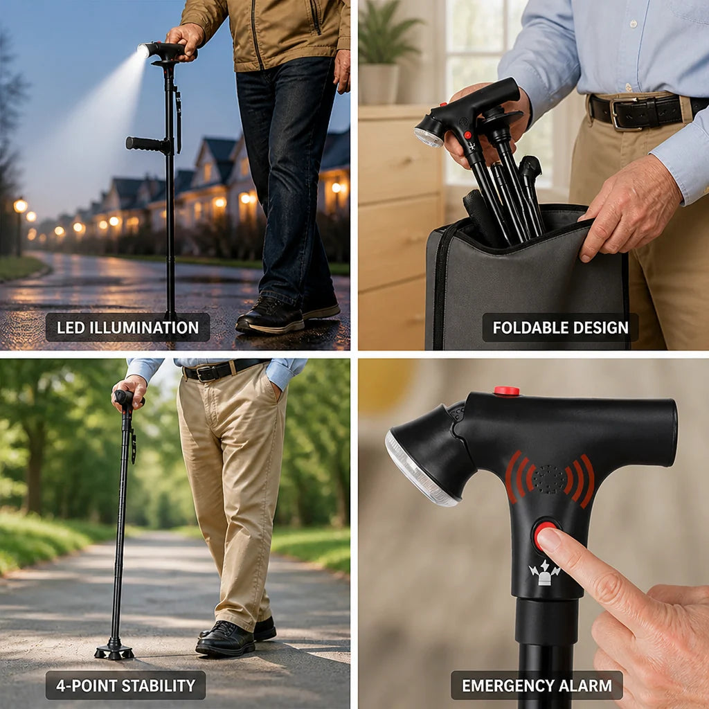 Walking Cane 4-Point Base Folding LED Light & Alarm