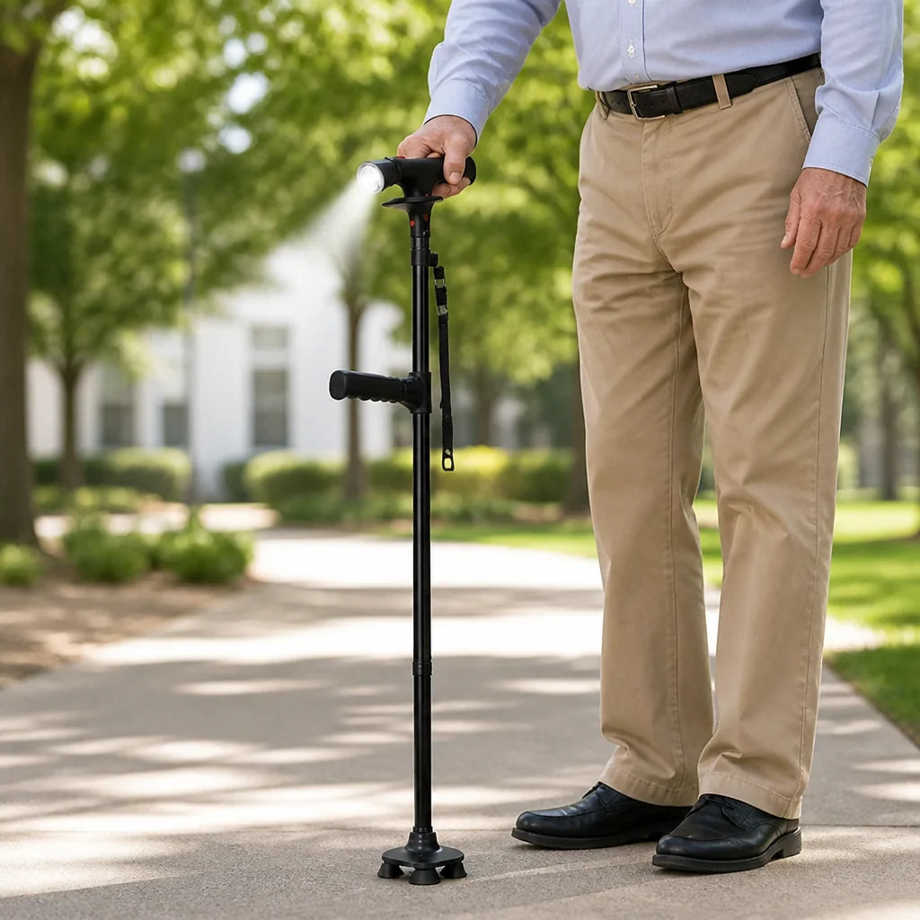 Walking Cane 4-Point Base Folding LED Light & Alarm