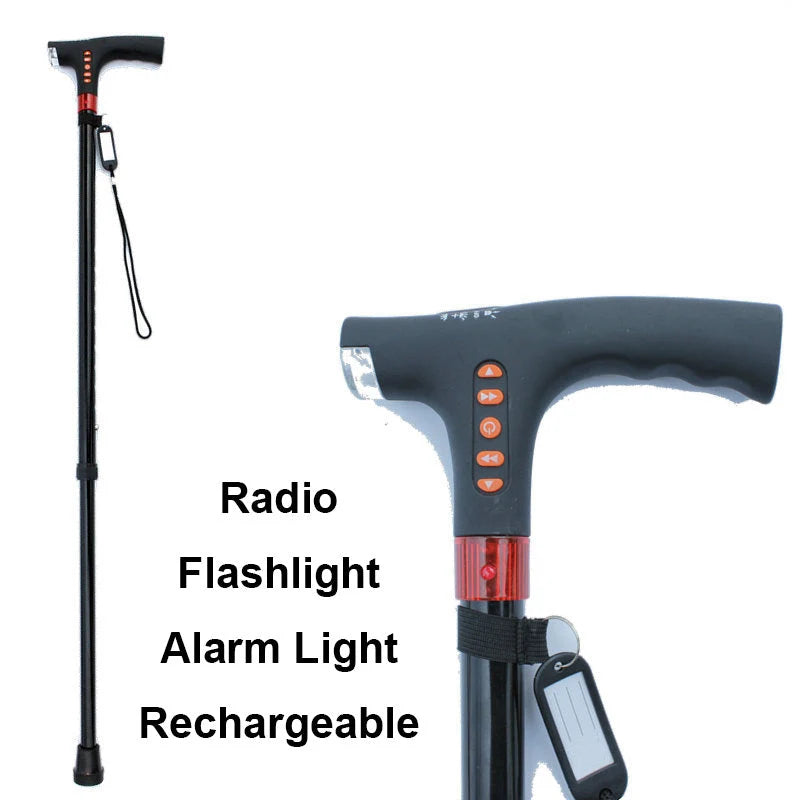 Walking Stick Adjustable Collapsible Aluminum Built-In LED & Radio
