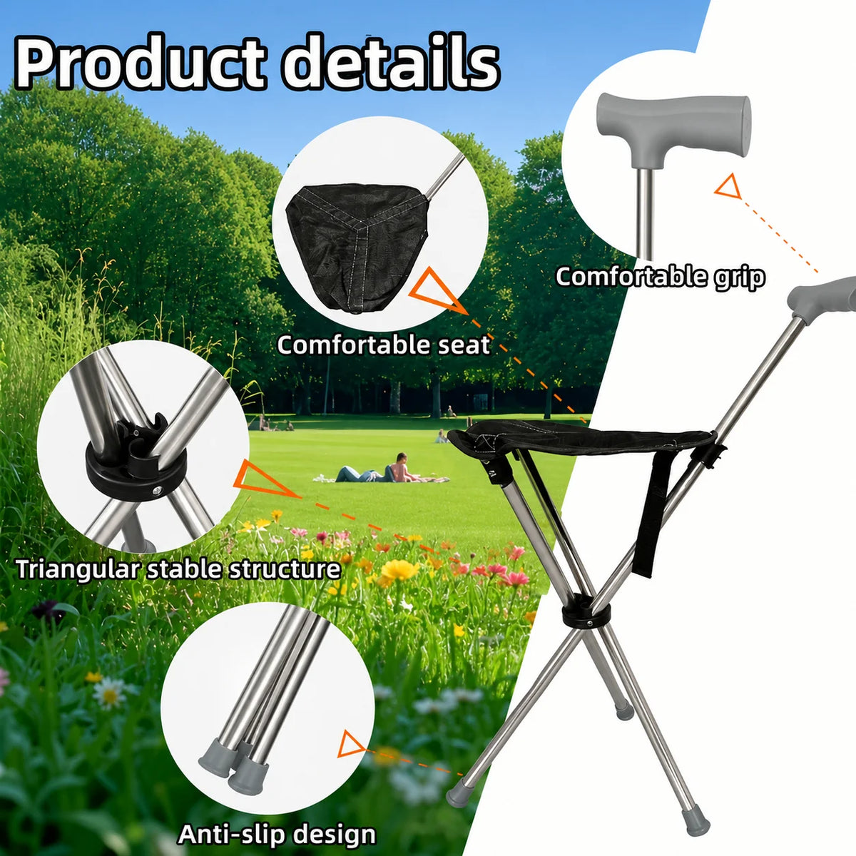 Walking Stick With Seat Foldable Stainless Steel Tripod
