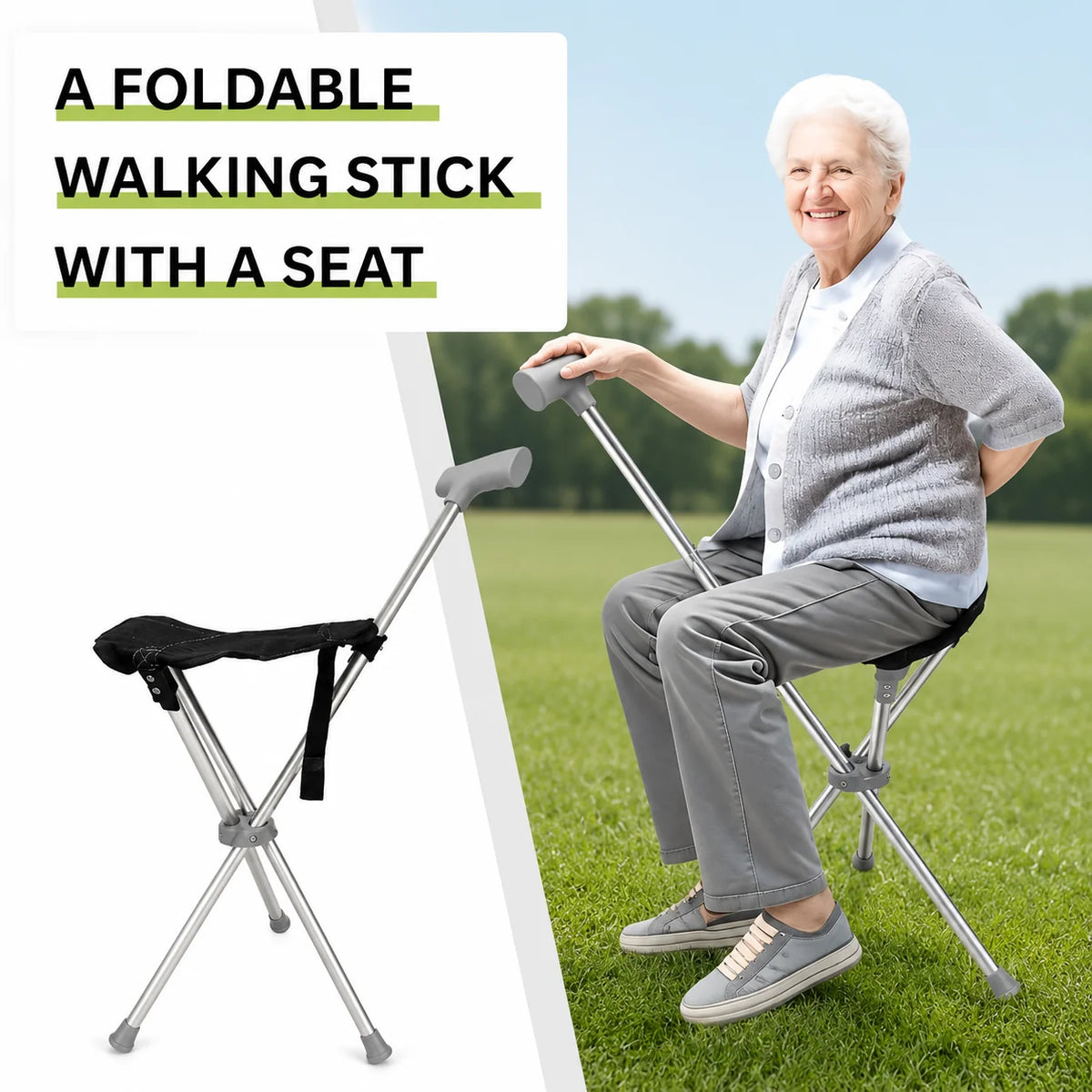 Walking Stick With Seat Foldable Stainless Steel Tripod
