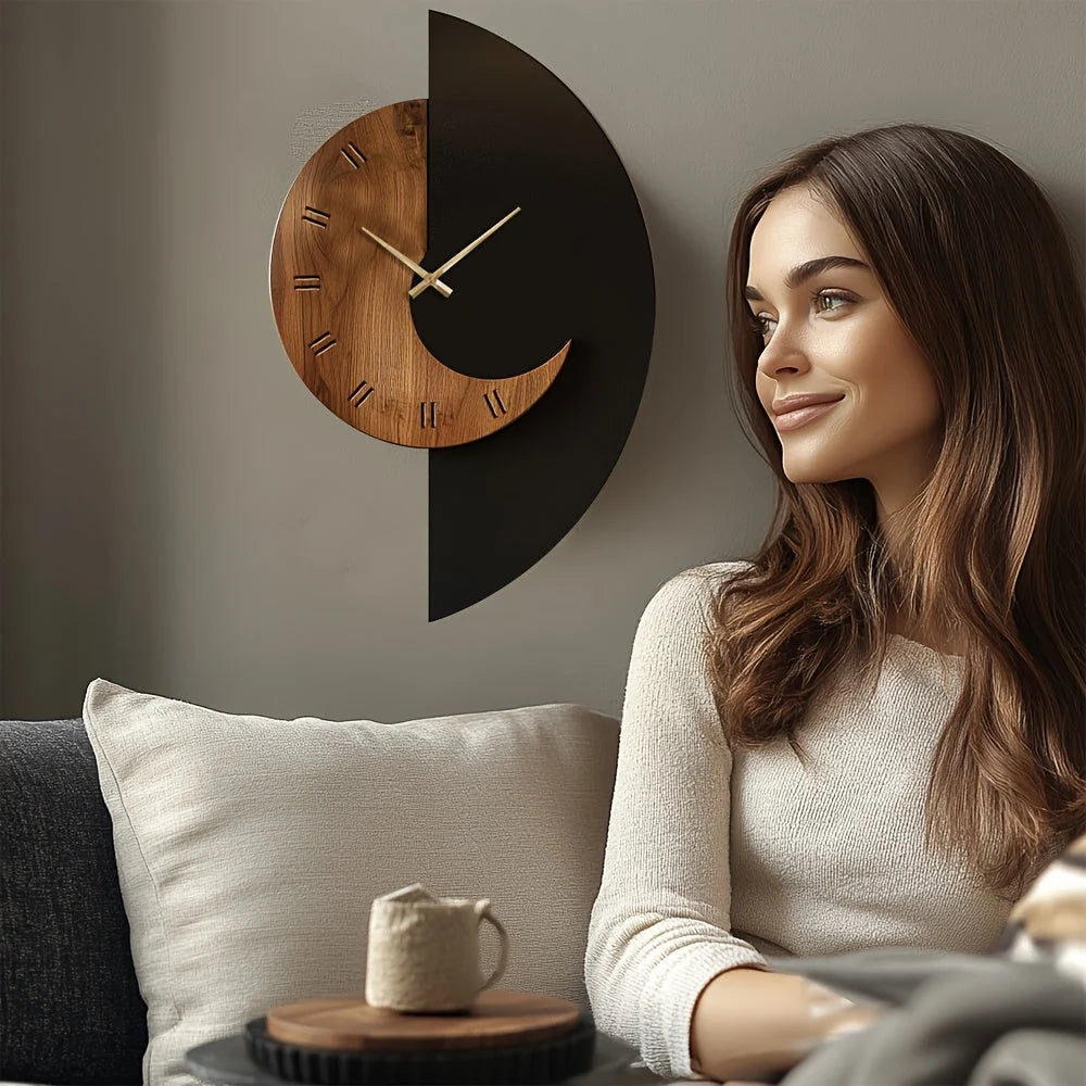 Wall Clock Half-Moon Timber Silent Quartz