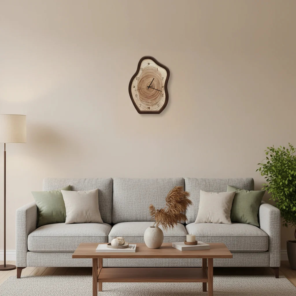 Wall Clock Irregular Ring Design Silent Movement Wood-Inspired Pattern