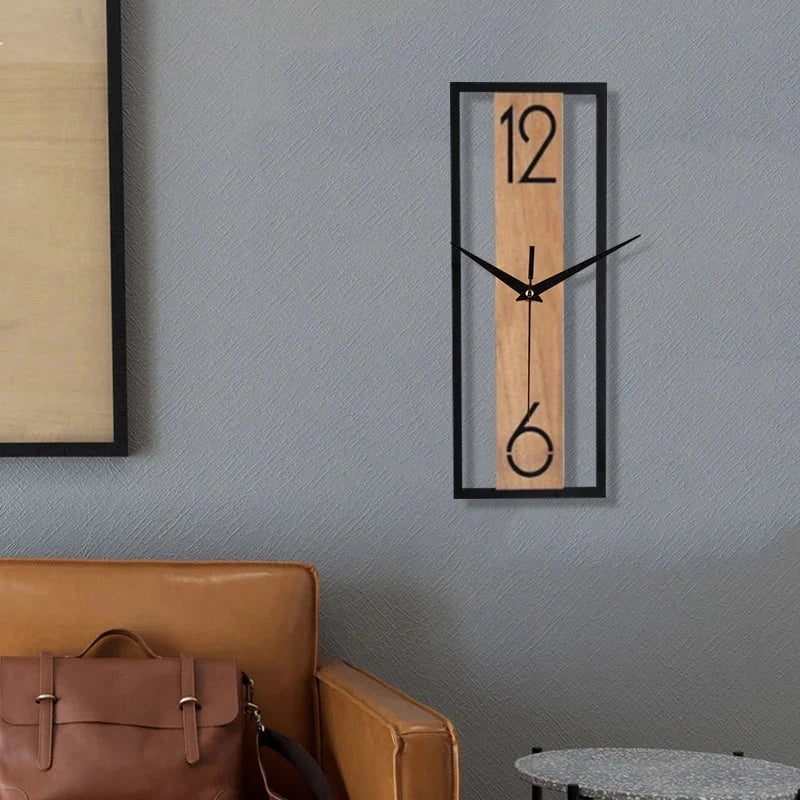 Wall Clock Slim Rectangular Wood Grain Silent Sweep