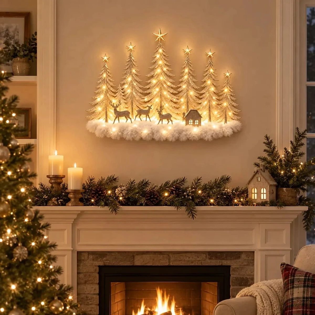 Wall Decor 3D Winter Scene With Deer Warm LED