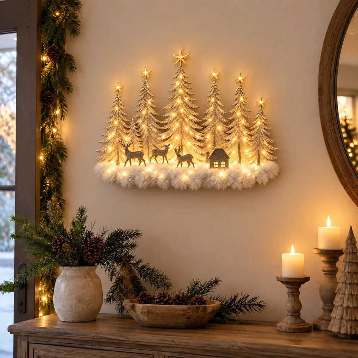 Wall Decor 3D Winter Scene With Deer Warm LED