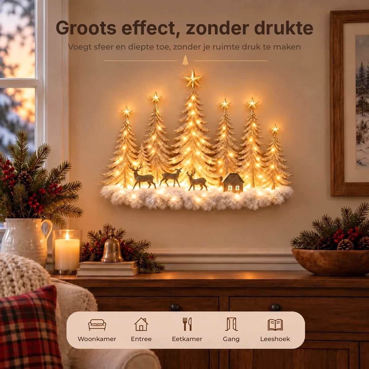 Wall Decor 3D Winter Scene With Deer Warm LED