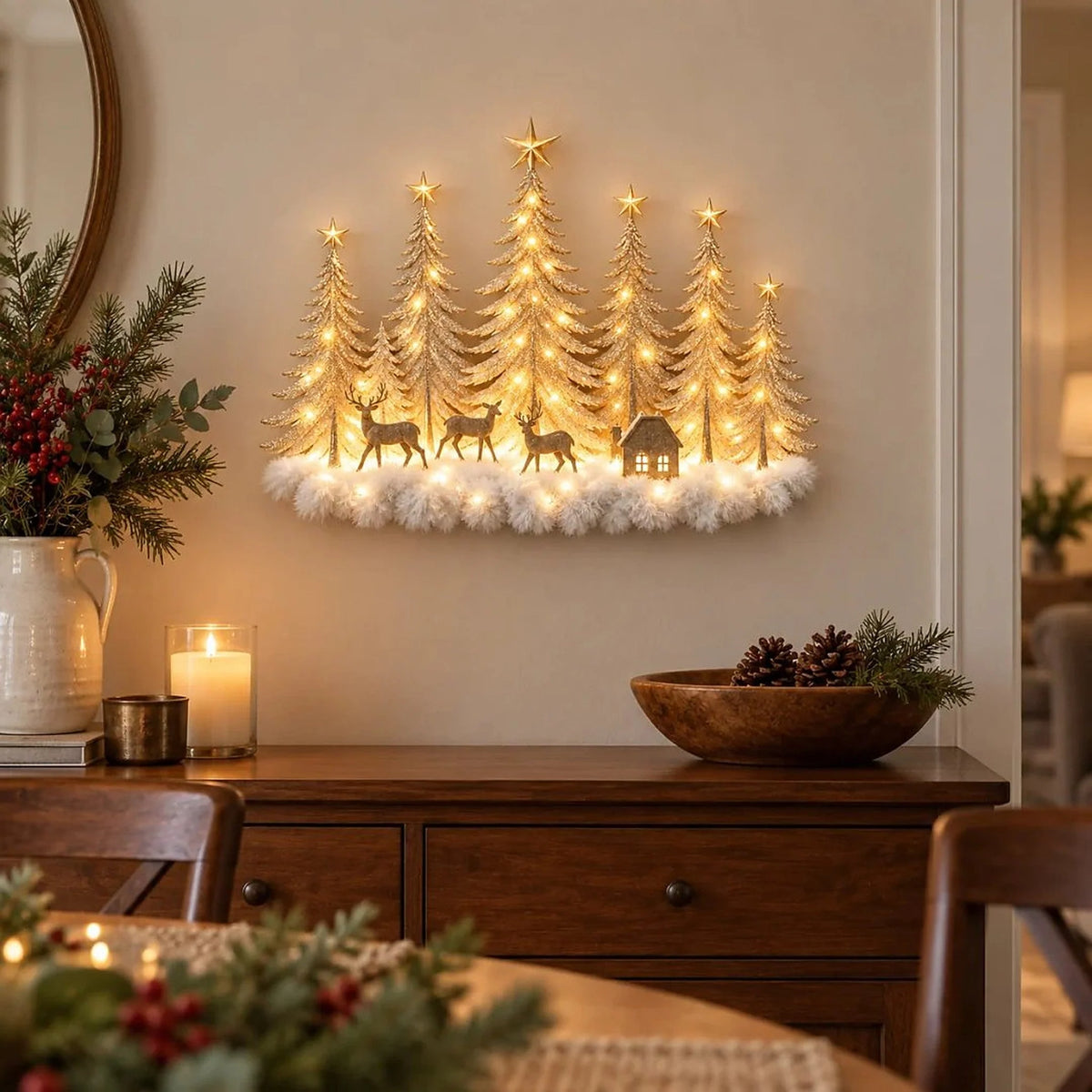 Wall Decor 3D Winter Scene With Deer Warm LED