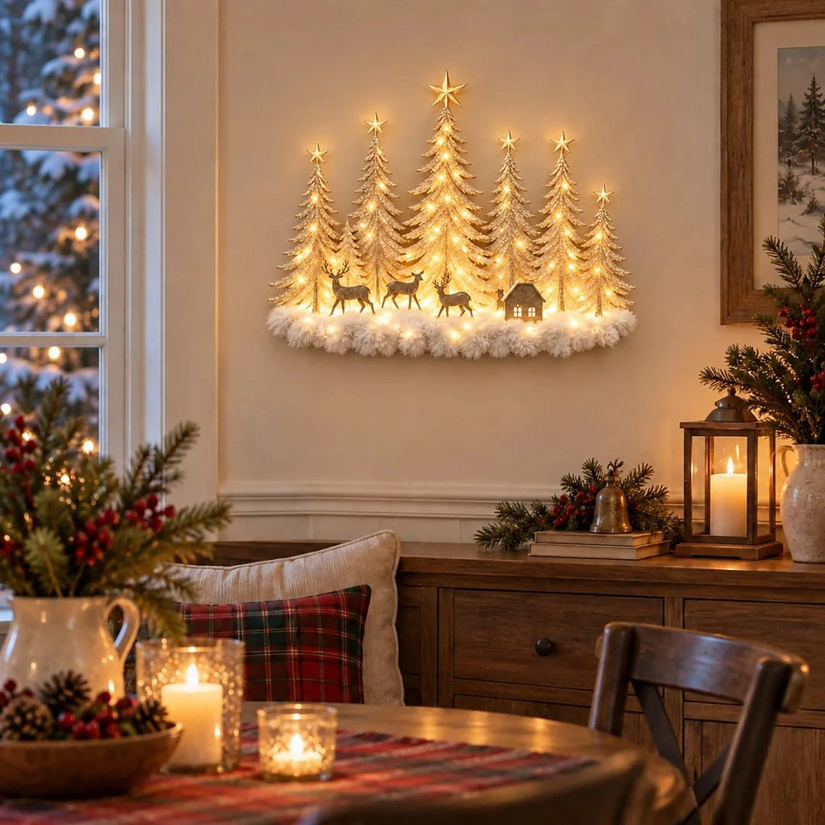 Wall Decor 3D Winter Scene With Deer Warm LED