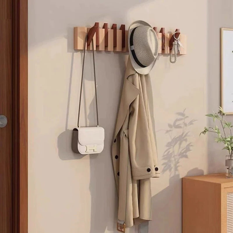 Wall Hook Rack Fold-Flat Solid Timber 6 Hooks