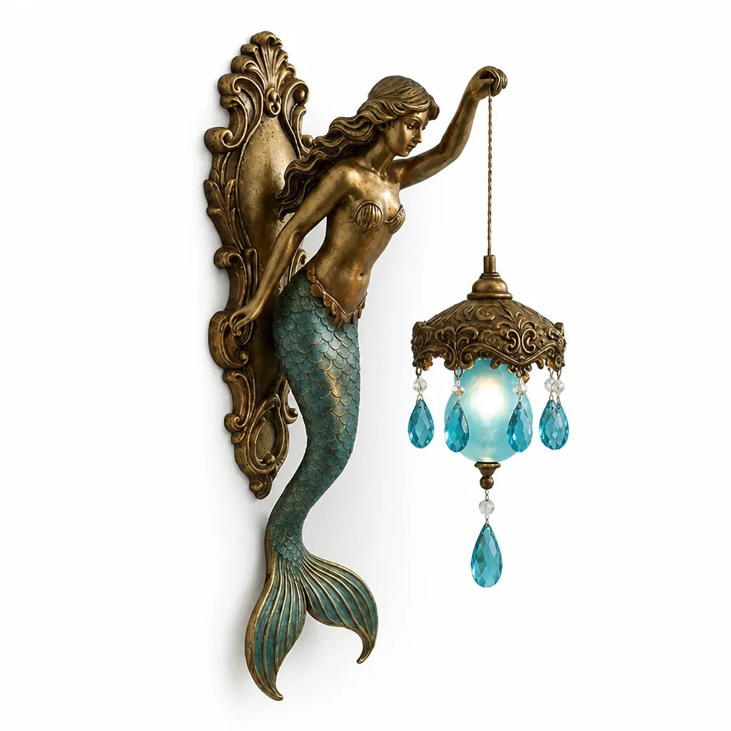 Wall Lamp Mermaid Figurine Glass Shade Crystal Pendants
