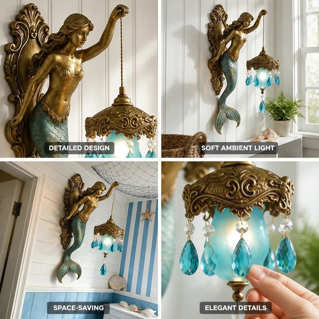 Wall Lamp Mermaid Figurine Glass Shade Crystal Pendants