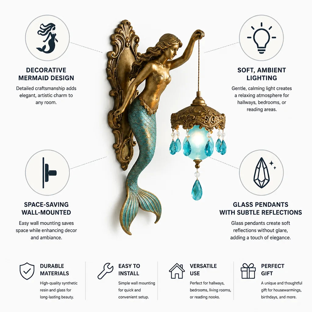Wall Lamp Mermaid Figurine Glass Shade Crystal Pendants