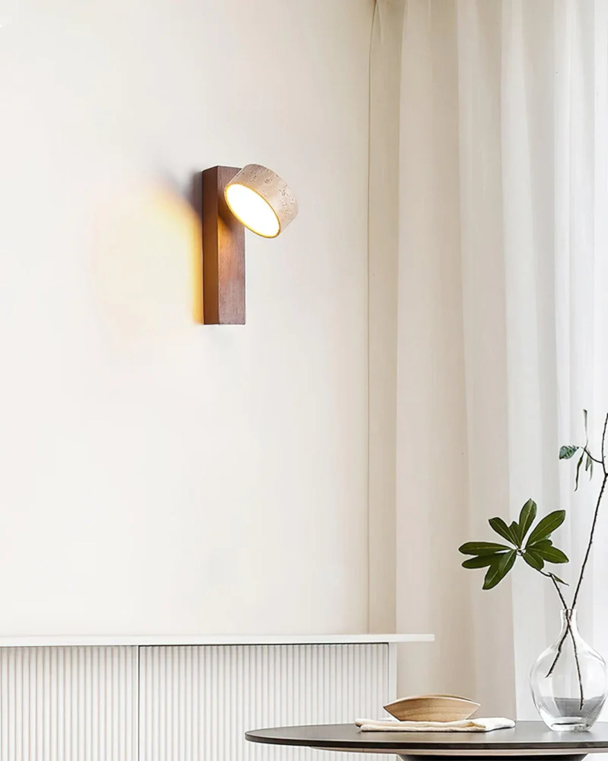 Wall Lamp Solid Travertine Shade & Timber Arm