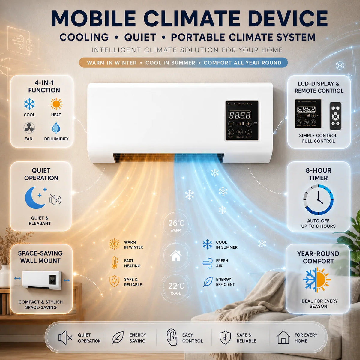Wall-Mounted Air Conditioner 4-in-1 Quiet Operation