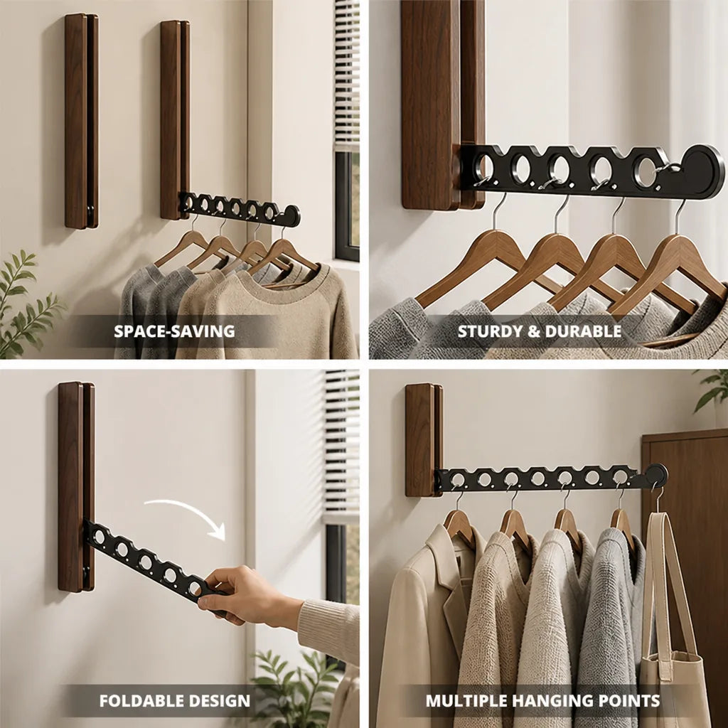 Wall-Mounted Coat Rack Foldable Wood Frame & Metal Rod