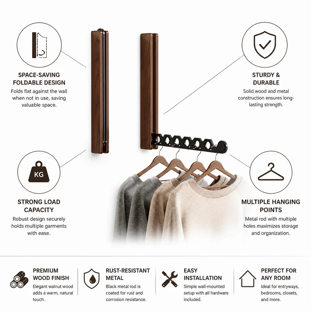 Wall-Mounted Coat Rack Foldable Wood Frame & Metal Rod