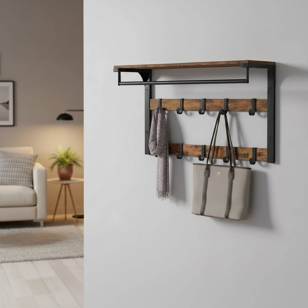 Wall-Mounted Coat Rack Shelf Adjustable Hooks Clothes Rail