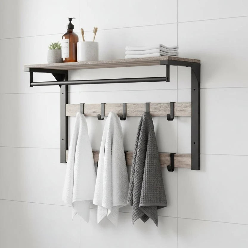 Wall-Mounted Coat Rack Shelf Adjustable Hooks Clothes Rail