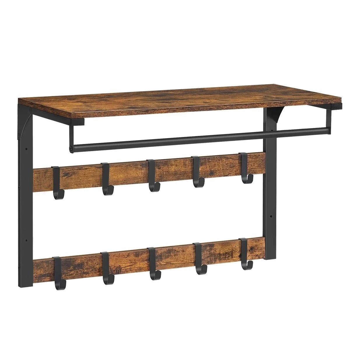 Wall-Mounted Coat Rack Shelf Adjustable Hooks Clothes Rail
