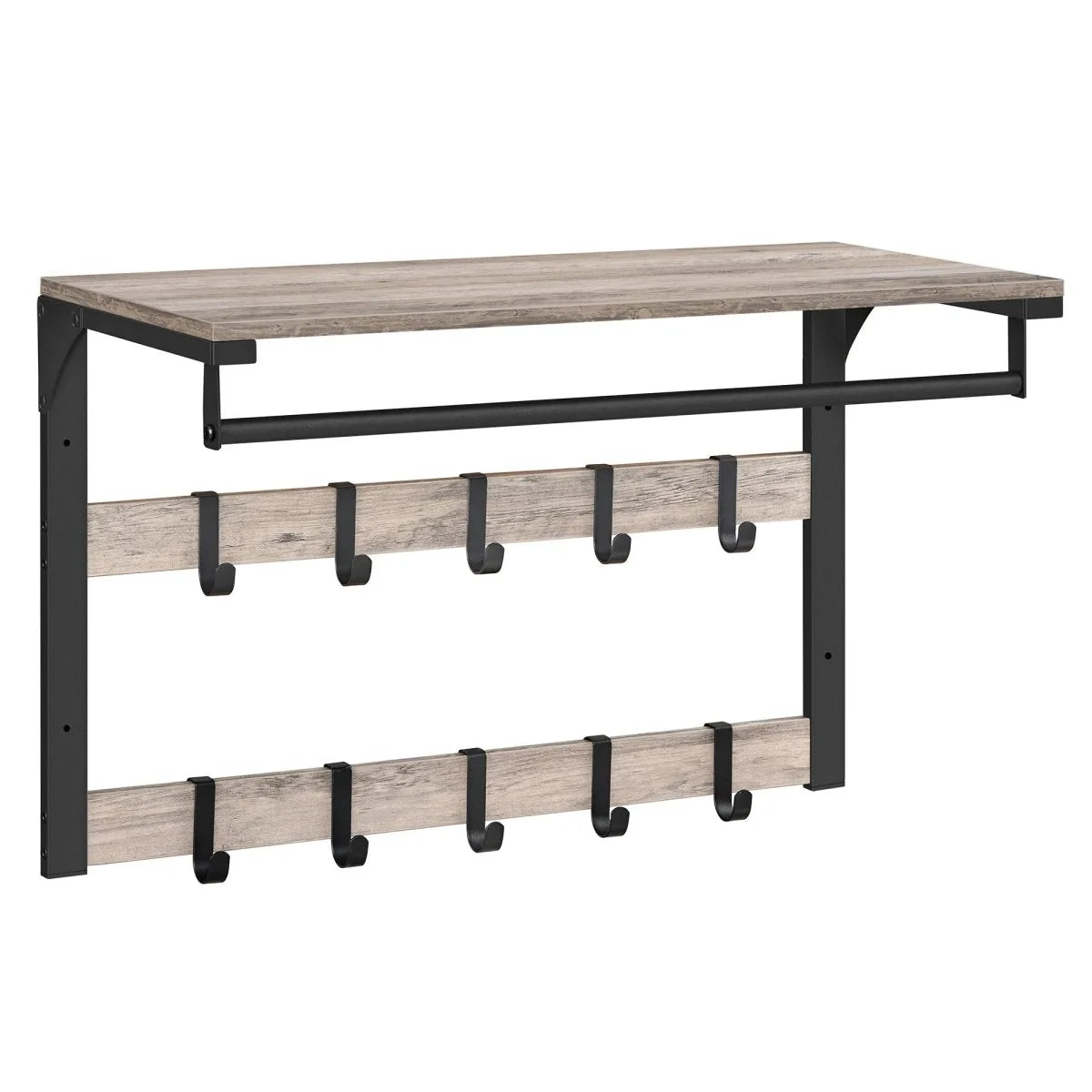 Wall-Mounted Coat Rack Shelf Adjustable Hooks Clothes Rail