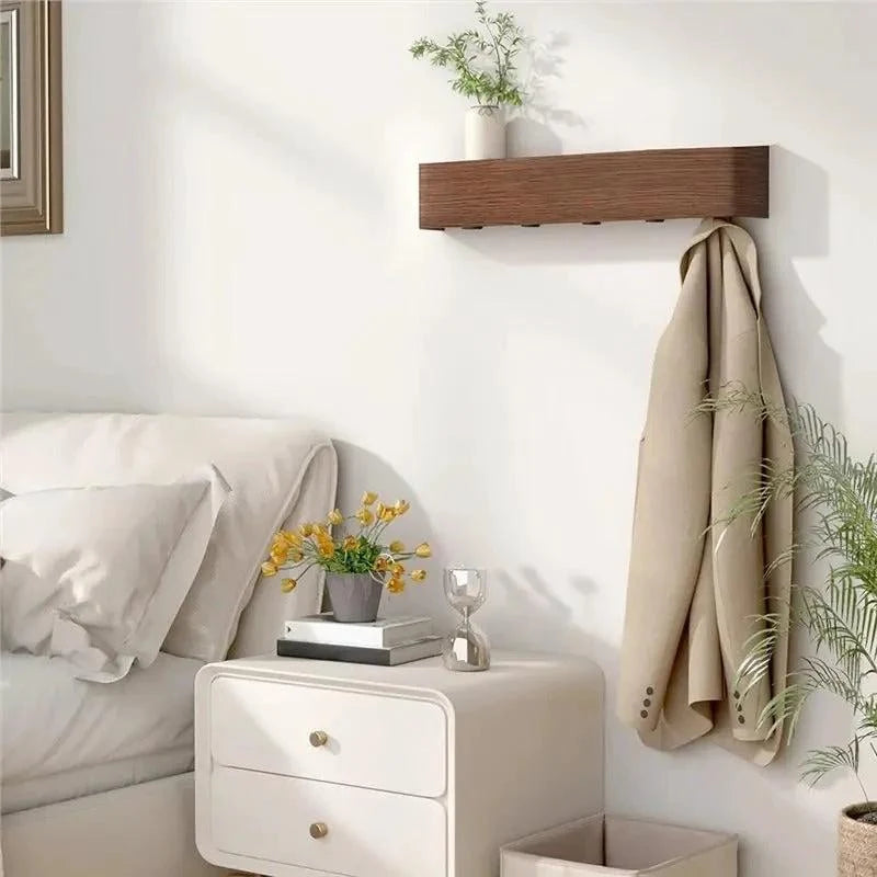 Wall-Mounted Coat Rack Solid Wood Shelf Concealed Hooks
