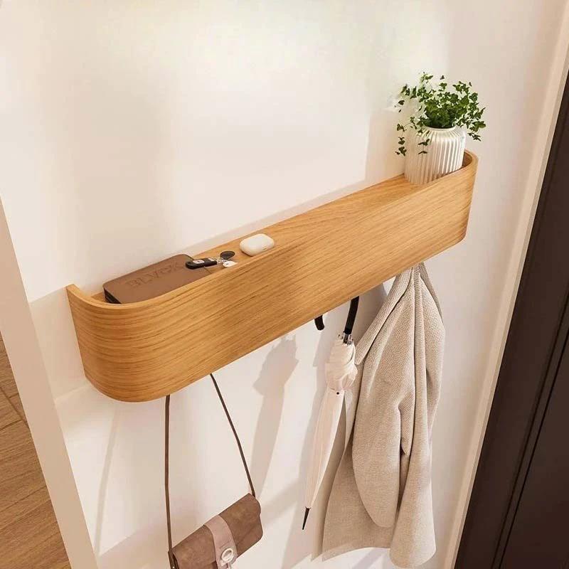 Wall-Mounted Coat Rack Solid Wood Shelf Concealed Hooks