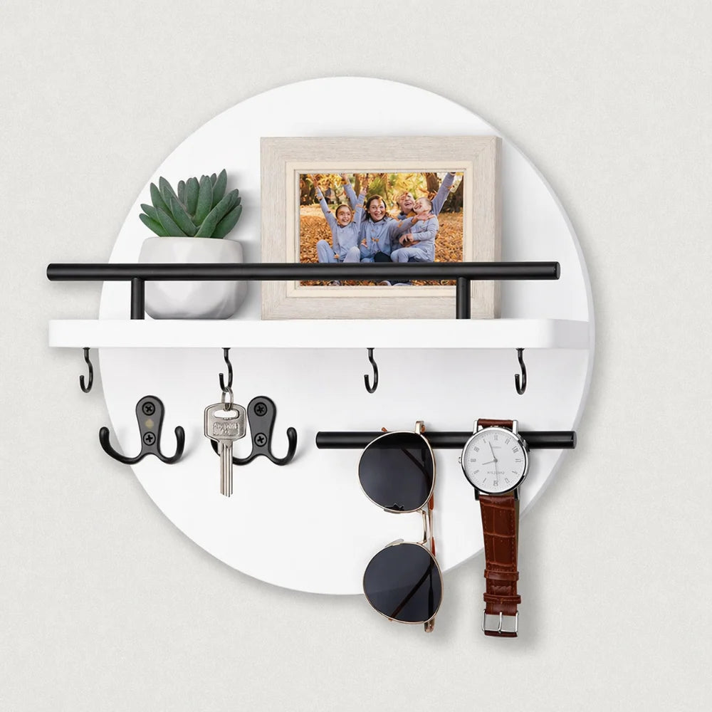Wall-Mounted Key Holder Wooden Shelf With Hooks