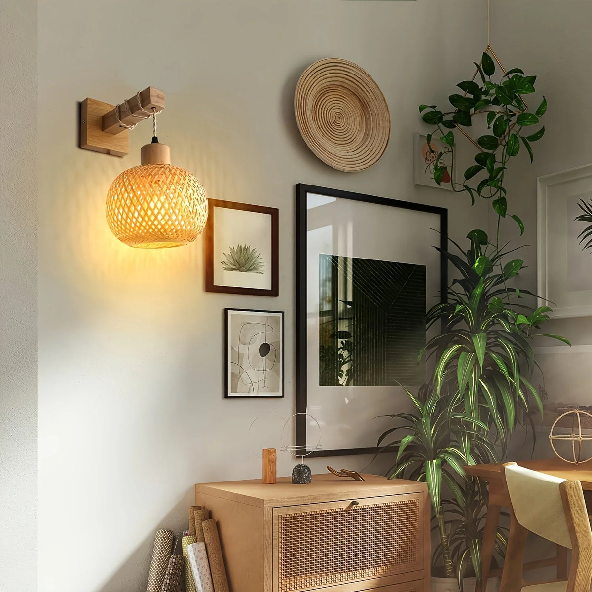 Wall Sconce Handwoven Rattan Shade Scattered Shadow Pattern