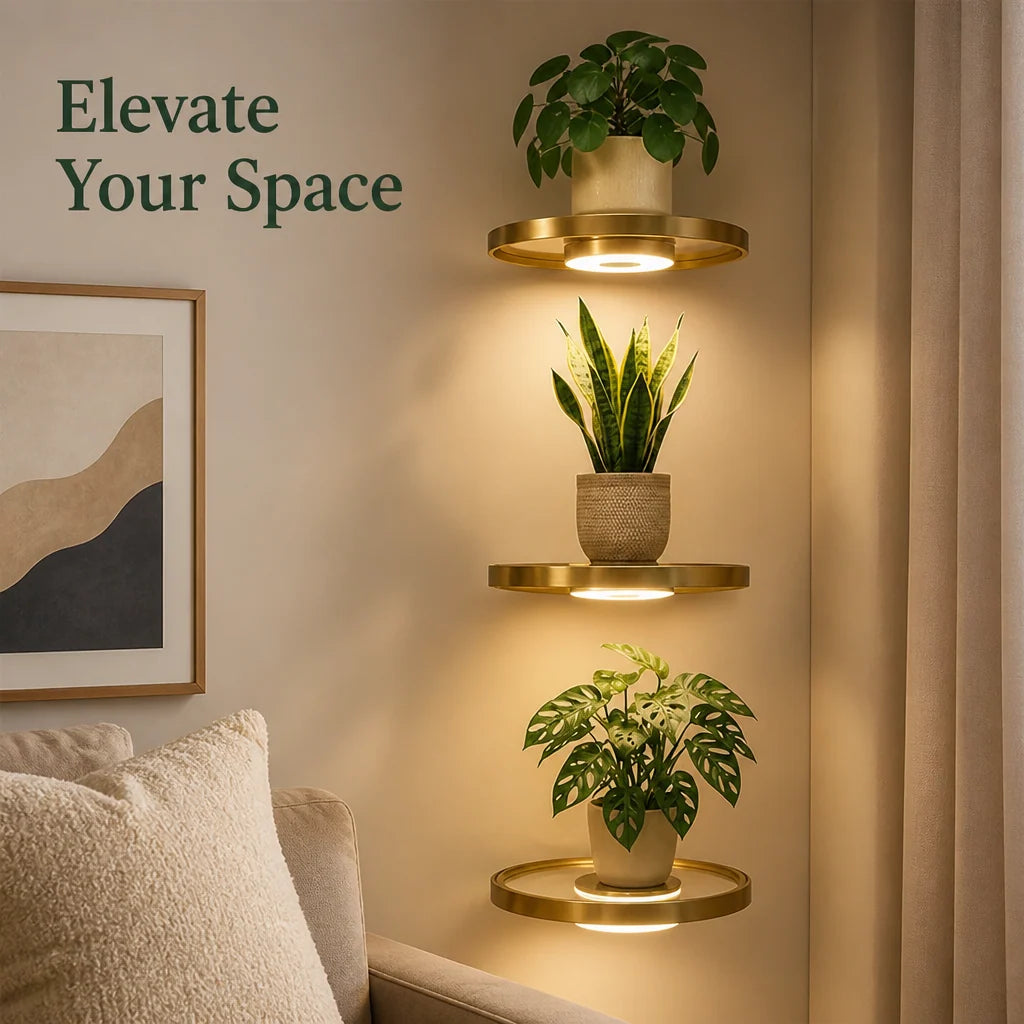 Wall Shelf Floating Warm LED Gold Finish USB Rechargeable