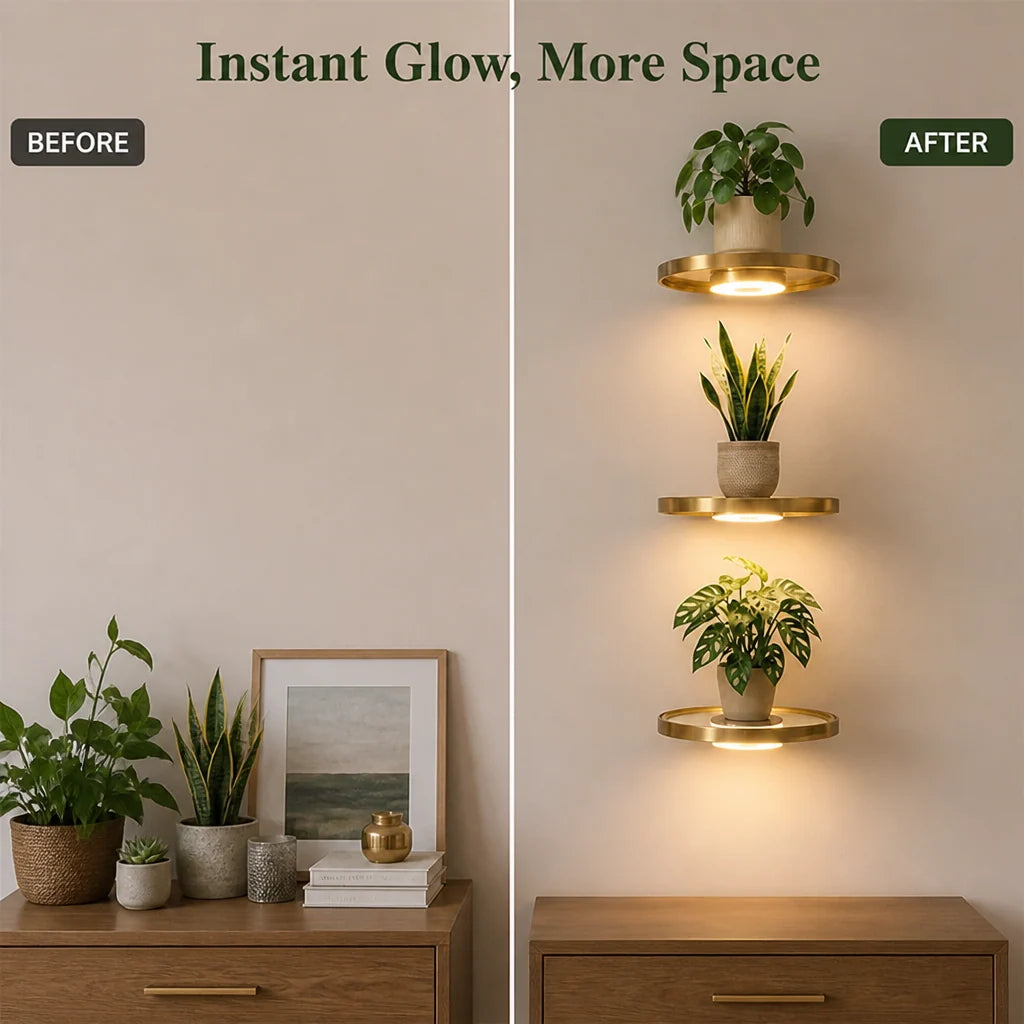 Wall Shelf Floating Warm LED Gold Finish USB Rechargeable