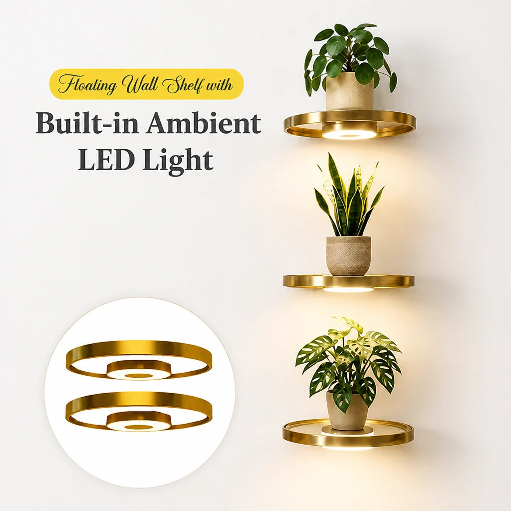 Wall Shelf Floating Warm LED Gold Finish USB Rechargeable