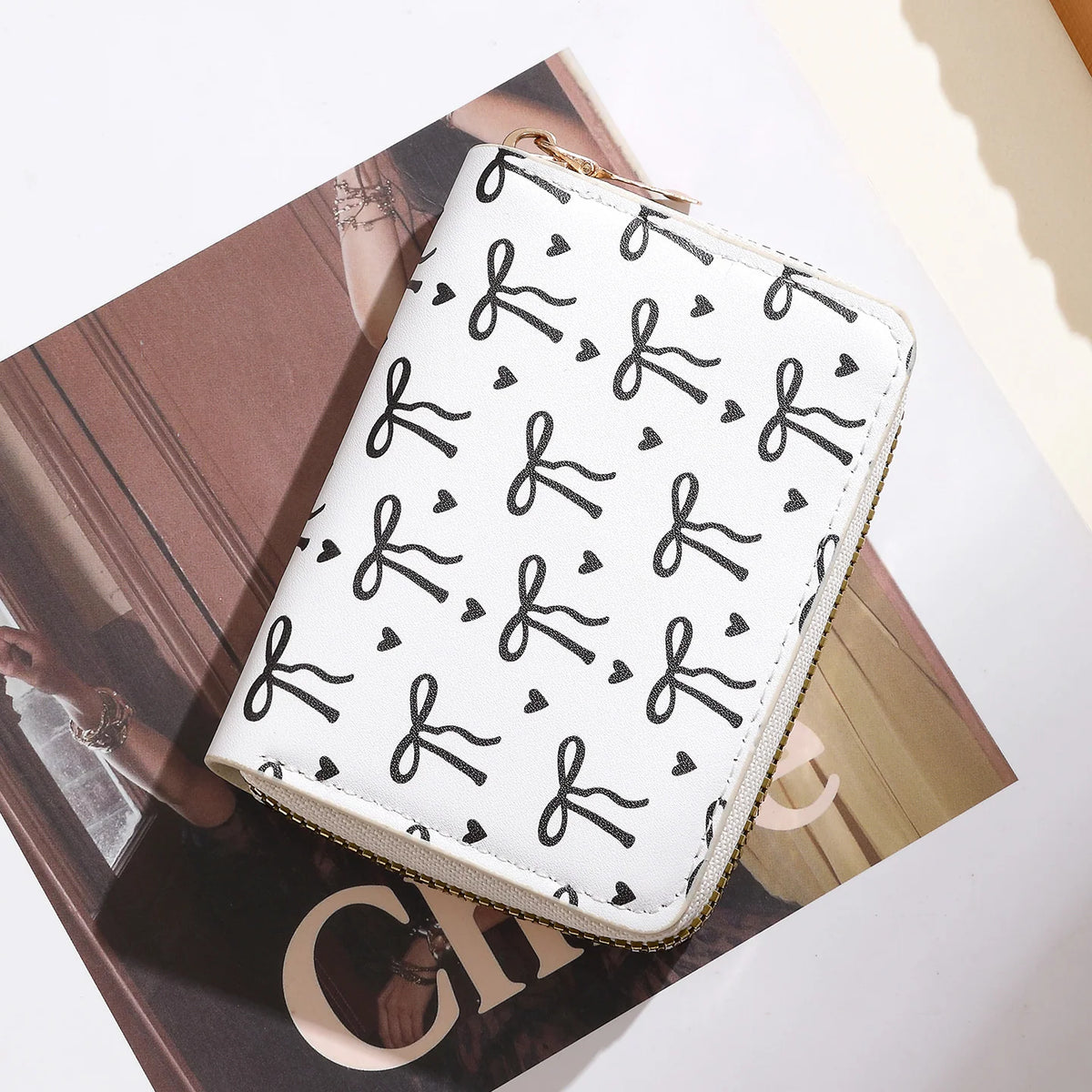 Wallet Bow Pattern Synthetic Leather Zip Closure Multiple Card Slots