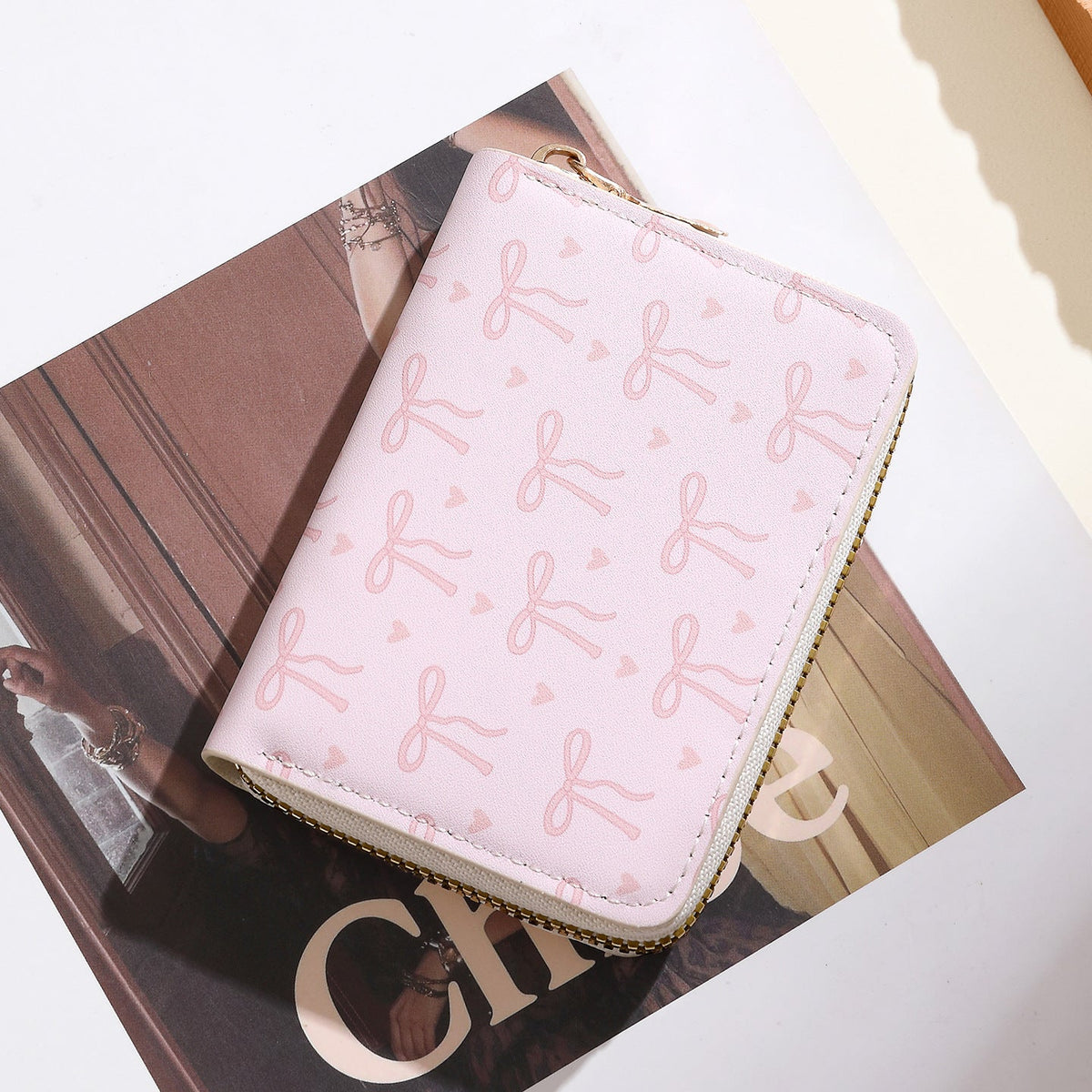 Wallet Bow Pattern Synthetic Leather Zip Closure Multiple Card Slots