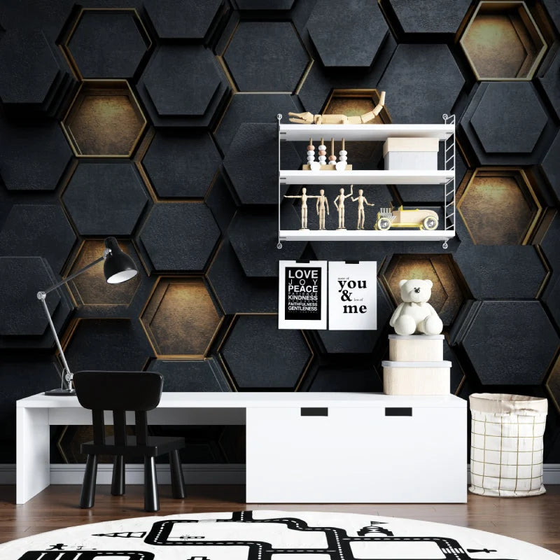 Wallpaper Embossed Honeycomb Black & Gold Self-Adhesive Option